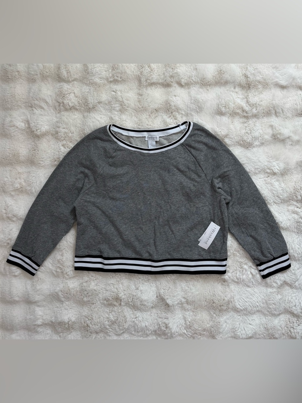 Weekend Andrea Jovine Grey Varsity Crewneck Sweater with Black & White Stripes